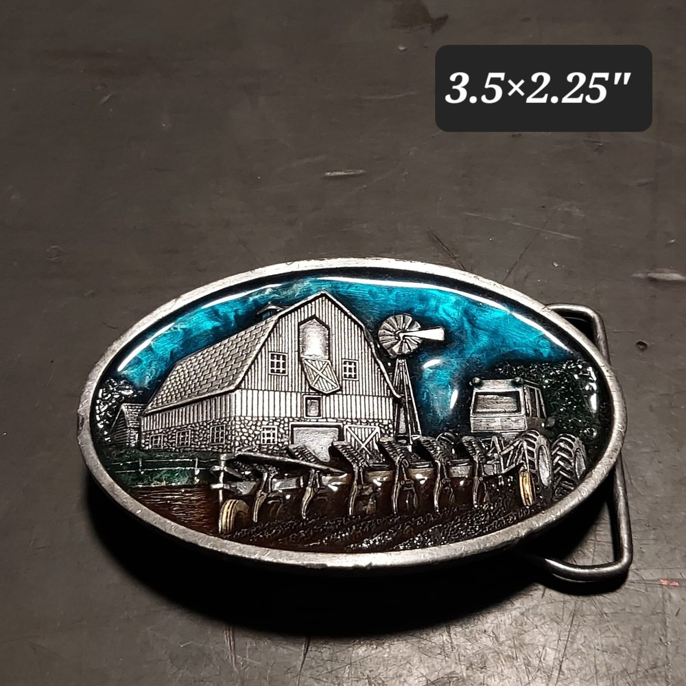 Vintage 1984 Bergamot Brass Works T-149 Tractor Barn Enamel Belt Buckle Blue